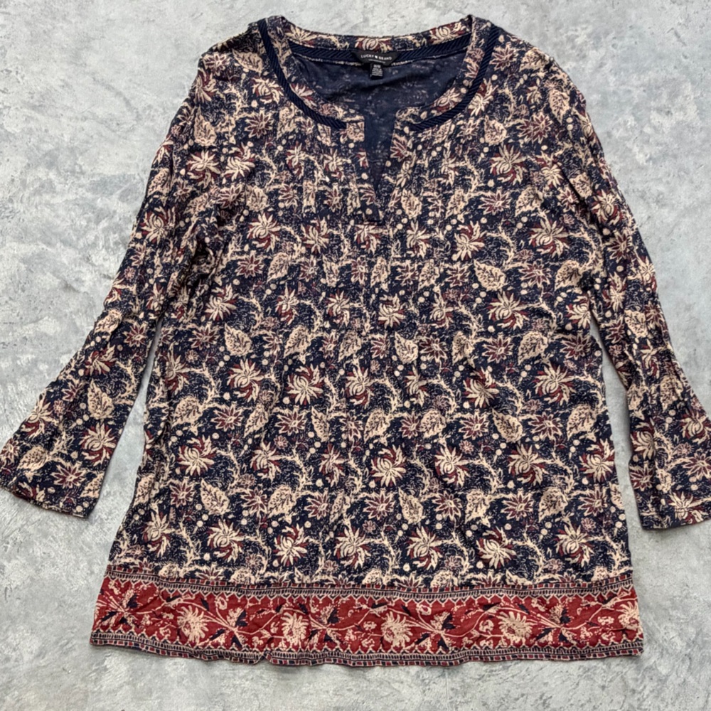 Lucky Brand Navy Floral Border Henley Tunic with Rust Trim - Size Medium